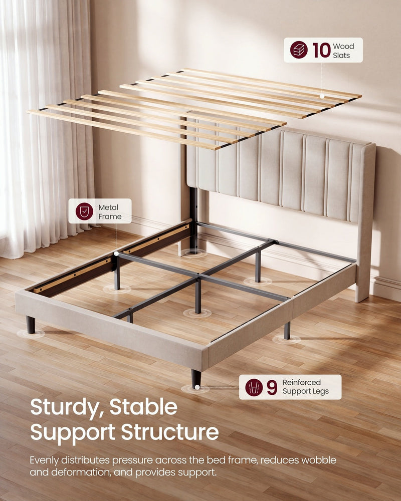Cappuccino bed with 10 wood slats lifted above the metal frame and 9 support legs