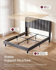 Slate grey bed with 10 wood slats lifted above the metal frame and 9 support legs