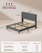 Dimensions diagram of the king bed, 204.3 x 149.5 x 109.2 cm with a 500 kg load limit