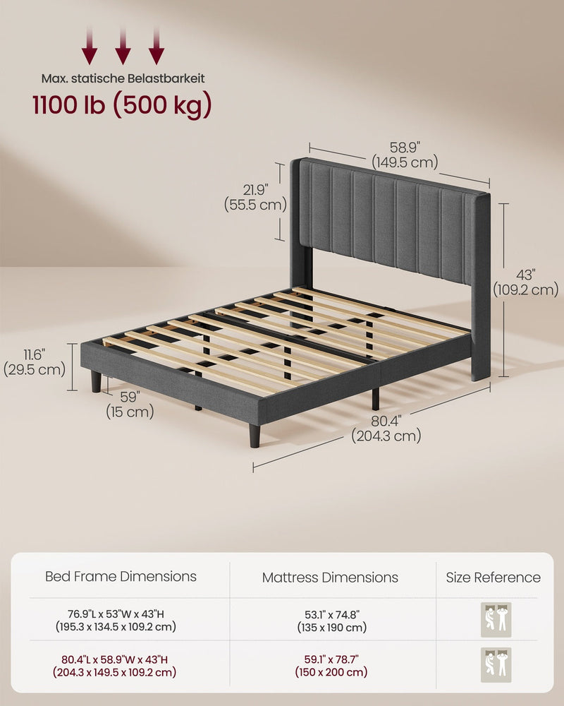 Dimensions diagram of the king bed, 204.3 x 149.5 x 109.2 cm with a 500 kg load limit