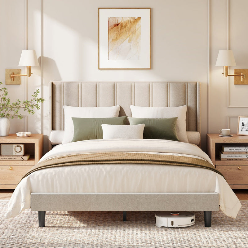 Cappuccino upholstered king size bed with wingback headboard in a styled bedroom
