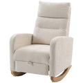 Cream white upholstered rocking chair with retractable footrest and natural wood rockers on a white background