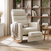 Cream white rocking chair with the footrest extended in a living room with a bookshelf and throw blanket