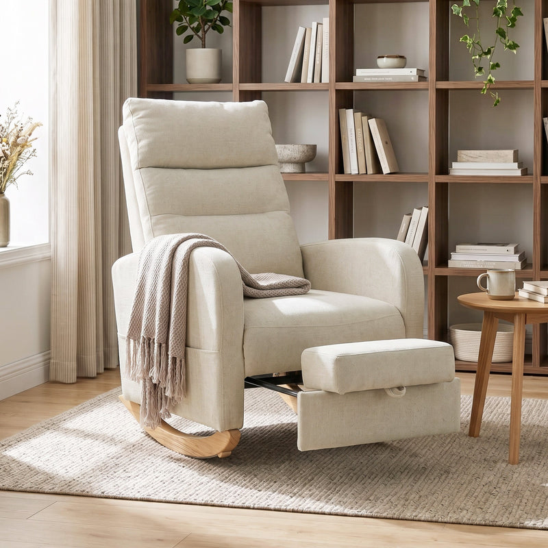 Cream white rocking chair with the footrest extended in a living room with a bookshelf and throw blanket