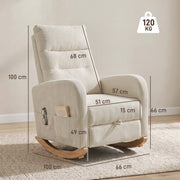 Dimensions diagram for the cream white rocking chair showing 66 cm width, 100 cm depth and height and 120 kg capacity