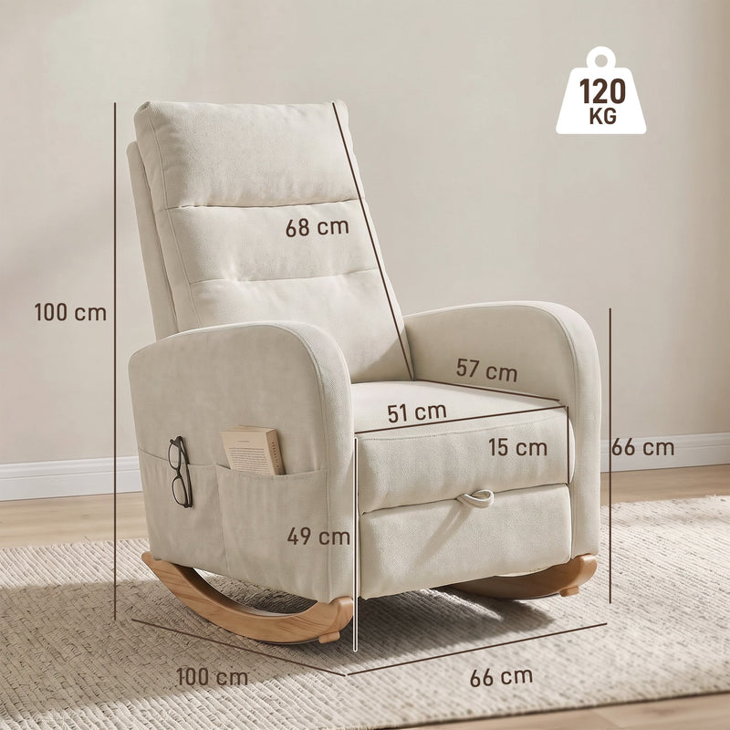 Dimensions diagram for the cream white rocking chair showing 66 cm width, 100 cm depth and height and 120 kg capacity
