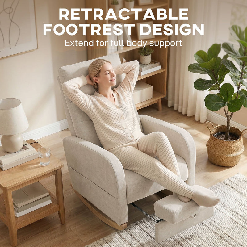 Woman relaxing in the cream white rocking chair with the retractable footrest extended
