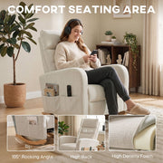Woman using her phone in the cream white rocking chair with callouts for 105 degree rocking angle, high back and foam seat