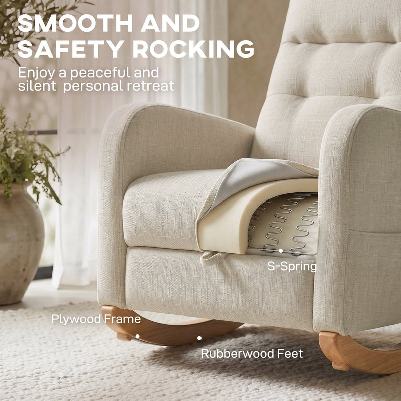 Cutaway of the cream white rocking chair seat showing S-spring, plywood frame and rubberwood feet