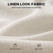 Close-up of the cream white linen-look fabric with breathable and easy to clean icons