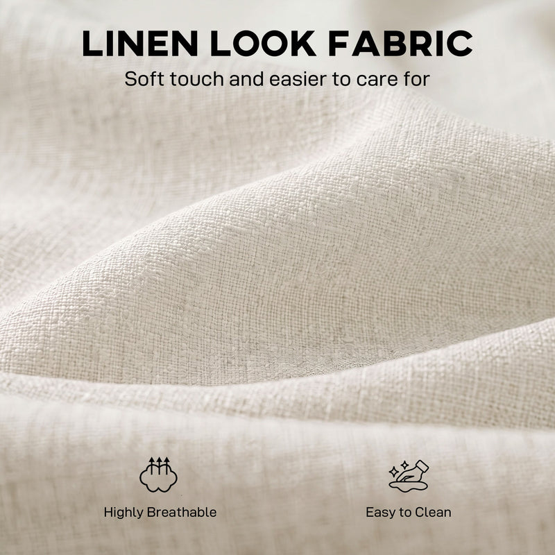 Close-up of the cream white linen-look fabric with breathable and easy to clean icons