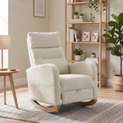 Cream white rocking chair with the footrest closed beside a wooden bookshelf