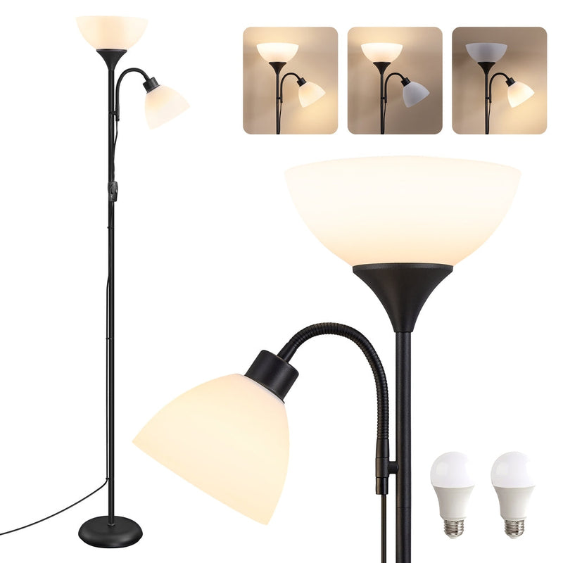 Black Vasagle uplighter floor lamp with white shades and the 2 included LED bulbs beside it