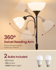 Panel showing the 360 degree swivel reading arm and the 2 included E27 bulbs at 900 lumens