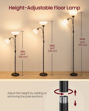 The floor lamp shown at its three height settings of 120 cm, 148 cm and 176 cm