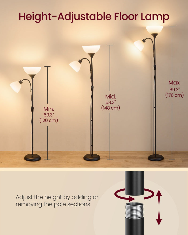 The floor lamp shown at its three height settings of 120 cm, 148 cm and 176 cm