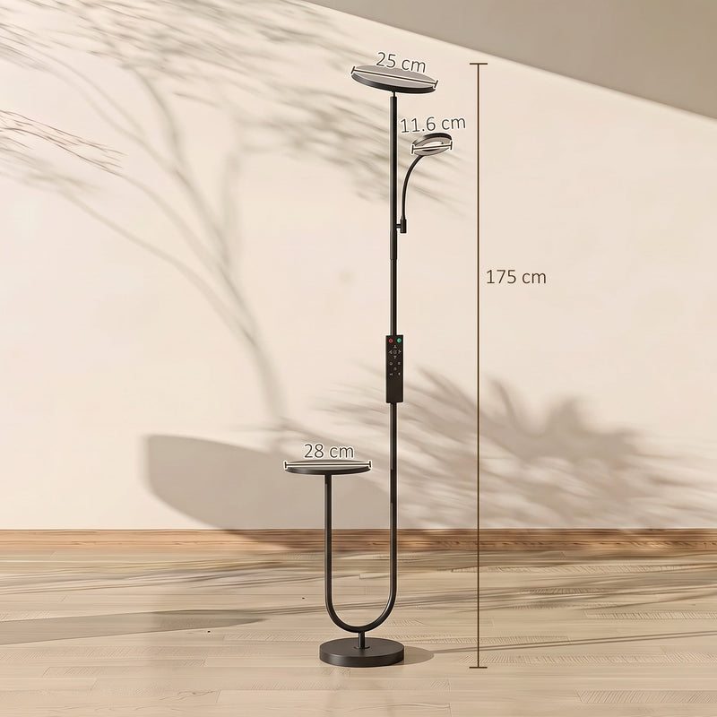 Dimensions diagram of the HOMCOM floor lamp: 25cm shade, 11.6cm reading light, 28cm table, 175cm tall