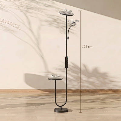 Dimensions diagram of the HOMCOM floor lamp: 25cm shade, 11.6cm reading light, 28cm table, 175cm tall