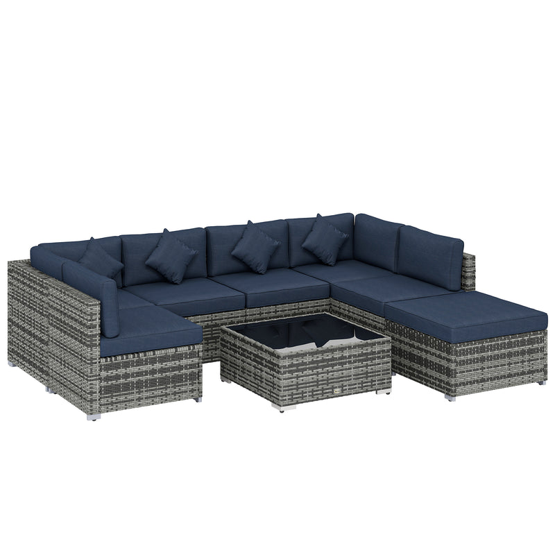 Rattan Garden Corner Sofa Set with Flexible Seating and Table for Outdoor Relaxtion, Grey & Blue