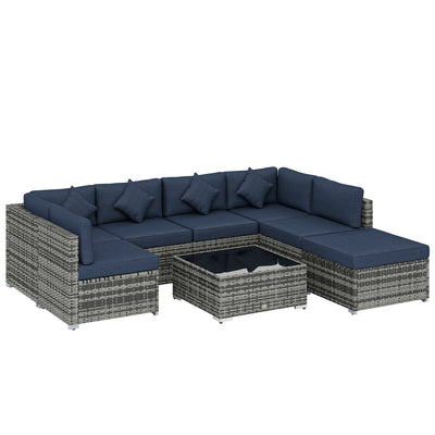 Rattan Garden Corner Sofa Set with Flexible Seating and Table for Outdoor Relaxtion, Grey & Blue Outsunny