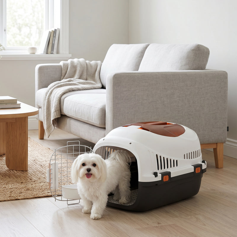 Hard-Sided Pet Carrier for Safe Vet Visits and Travel with Triple Lock and Top Window Cream