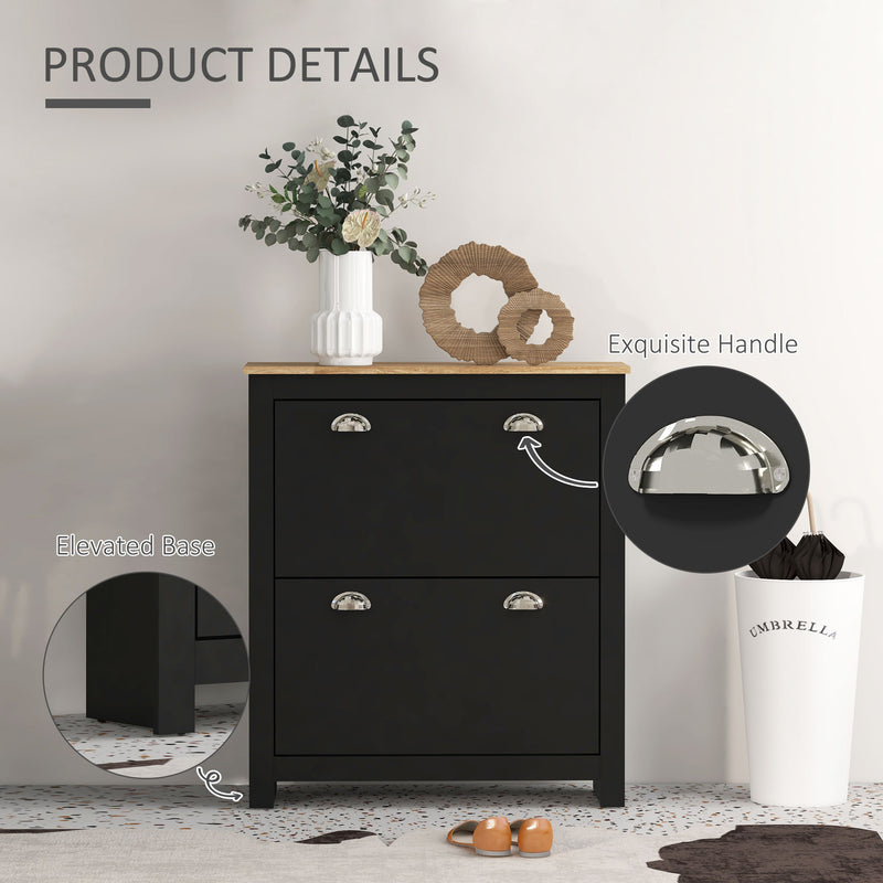 2 Drawer Wooden Shoe Cabinet With Flip Doors Fits 12 Pairs Ideal For Hallways, Black