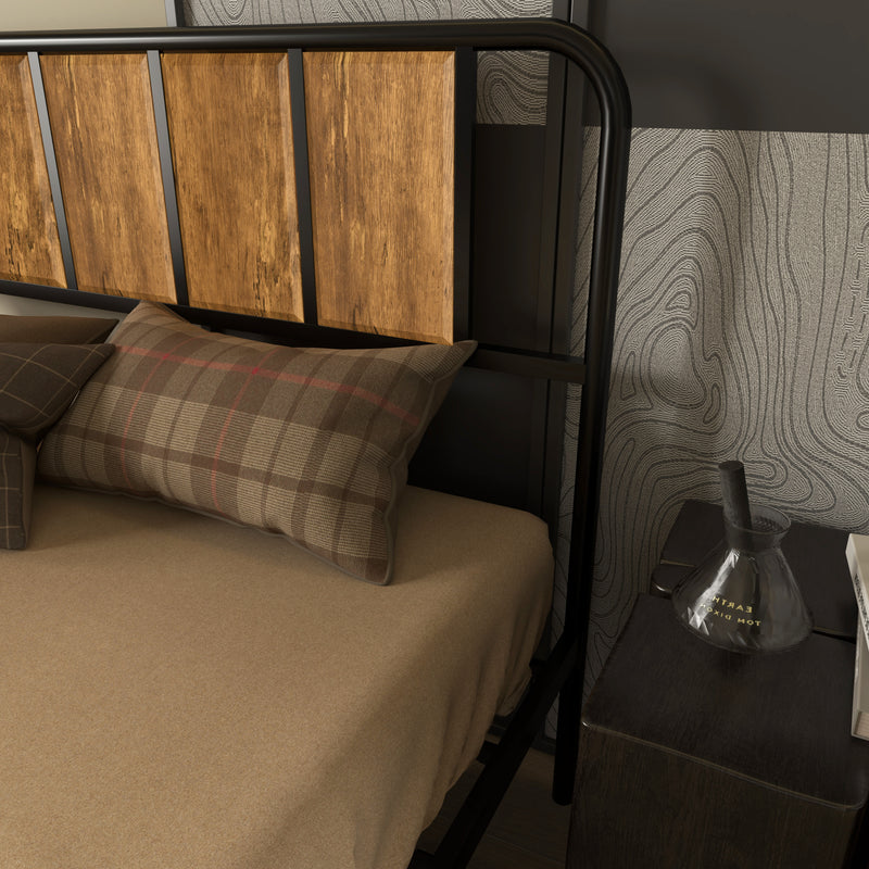 Double Bed Frame with Wood Headboard and Steel Slats for Storage and Support Rustic Brown