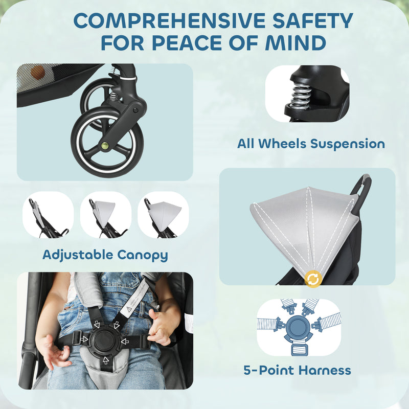Lightweight Travel Stroller Compact Pushchair with Recline Canopy and Storage Basket Light Grey AOSOM
