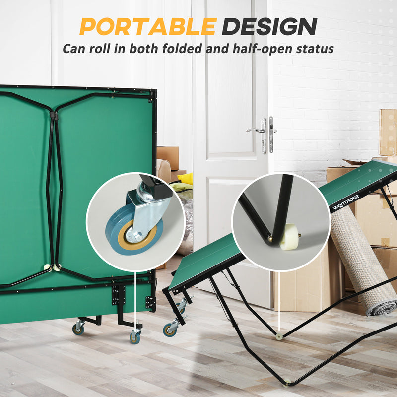 9ft Indoor Folding Tennis Table With Easy Roll Wheels For Home Use Green AOSOM