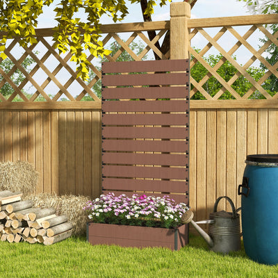 Light Brown Raised Garden Planter Box With Trellis For Climbing Plants And Drainage Gap