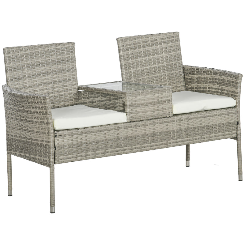 Grey 2 Seater Rattan Garden Chair With Built In Table For Patio Or Balcony