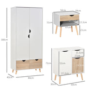 3 Piece Bedroom Furniture Set with Wardrobe Storage and Bedside Table, White and Wood AOSOM