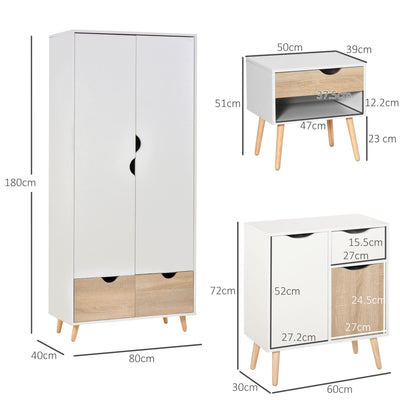 3 Piece Bedroom Furniture Set with Wardrobe Storage and Bedside Table, White and Wood AOSOM