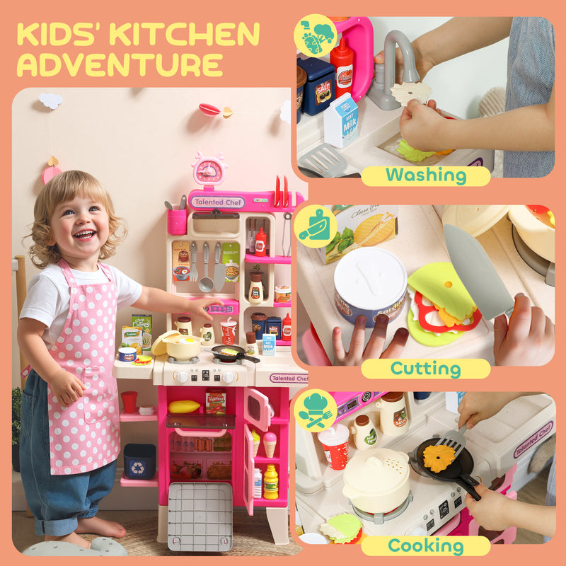 Kids Play Kitchen Set with 104 Accessories Realistic Lights and Sounds for Role Play Pink