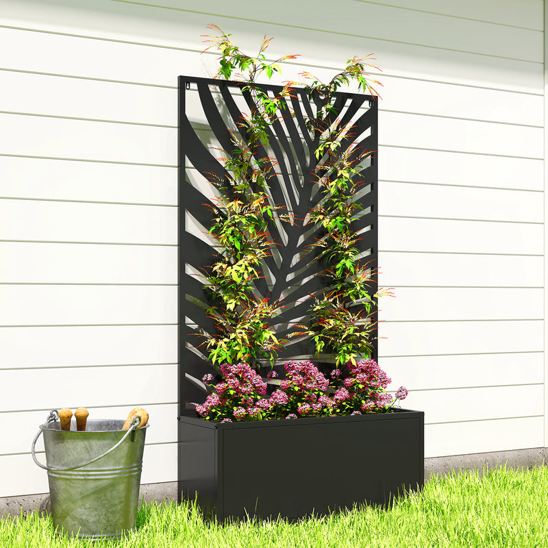 Metal Planter with Leaf Trellis for Climbing Plants and Outdoor Gardening Black