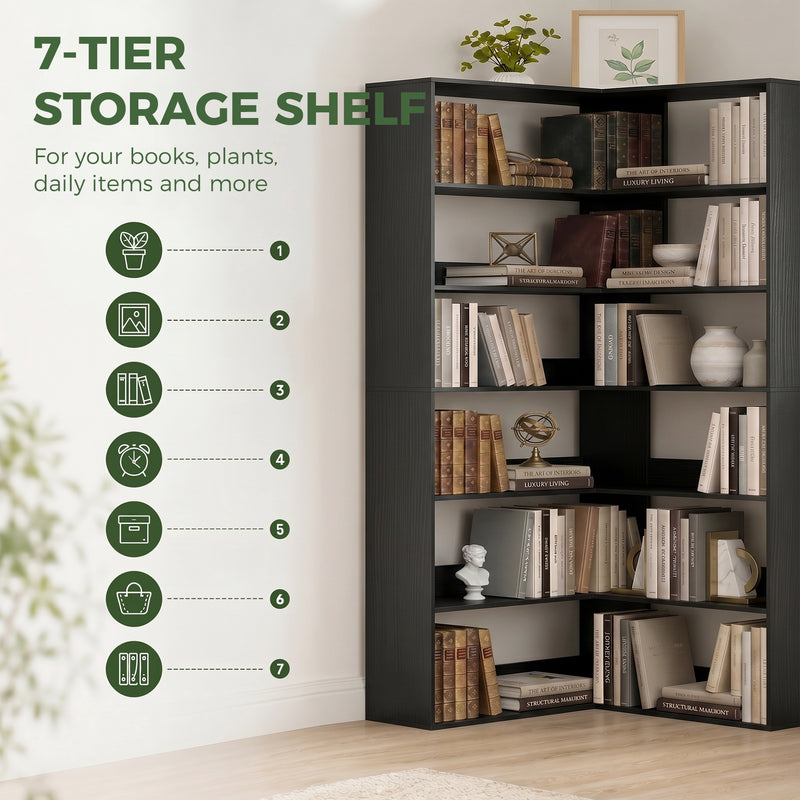Tall Corner Bookcase with 7 Shelves for Space Saving Storage Black Wood Effect