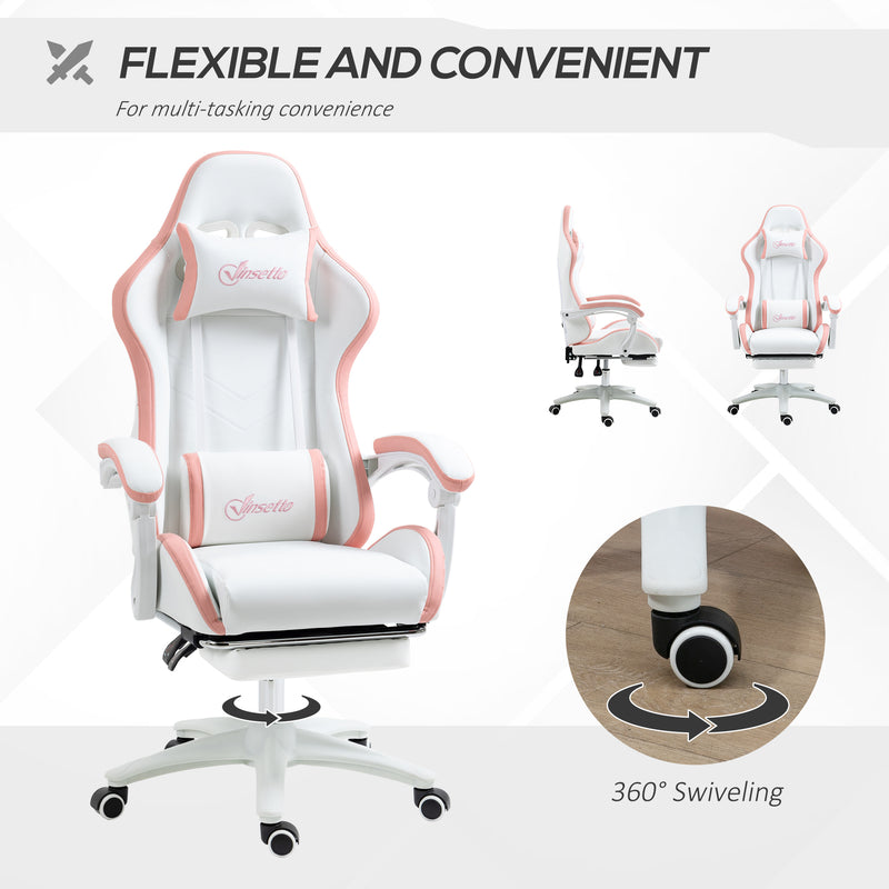 White and Pink Gaming Chair for Adults with Footrest Lumbar Support and Reclining Back