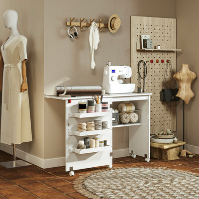 White Folding Sewing Table with Drop Leaf Storage Bins and Wheels by HOMCOM AOSOM