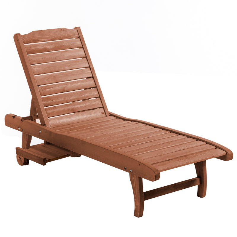 Brown Wooden Sun Lounger Chair With Wheels Adjustable Back and Side Table for Garden