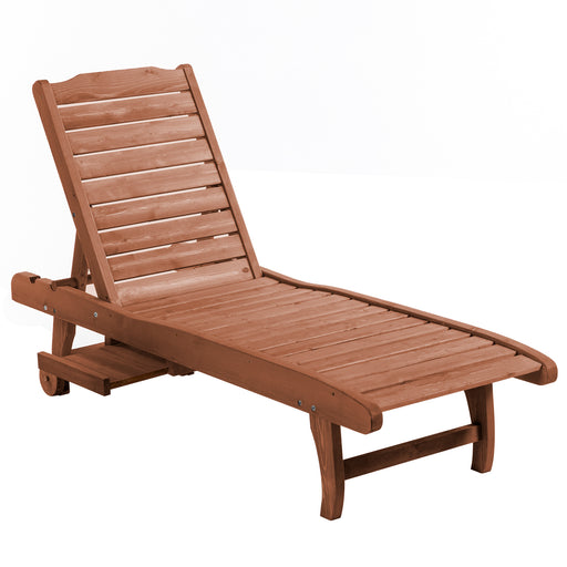 Brown Wooden Sun Lounger Chair With Wheels Adjustable Back and Side Table for Garden