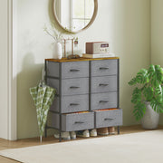 Industrial Chest of Drawers with 8 Fabric Storage Units and Wooden Top for Bedroom Rustic Brown and Grey
