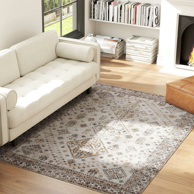 Washable Vintage Area Rug Non Slip Flannel Carpet for Living Room and Bedroom Beige