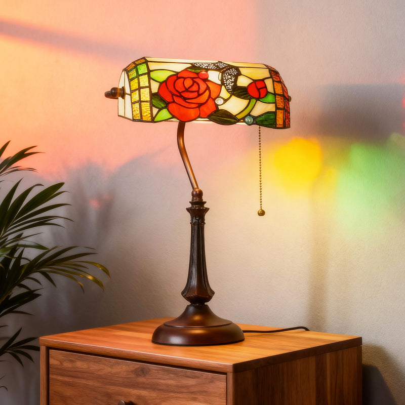 Tiffany Style Table Lamp with Rose and Butterfly Design Ideal for Bedside Use Multi Colour
