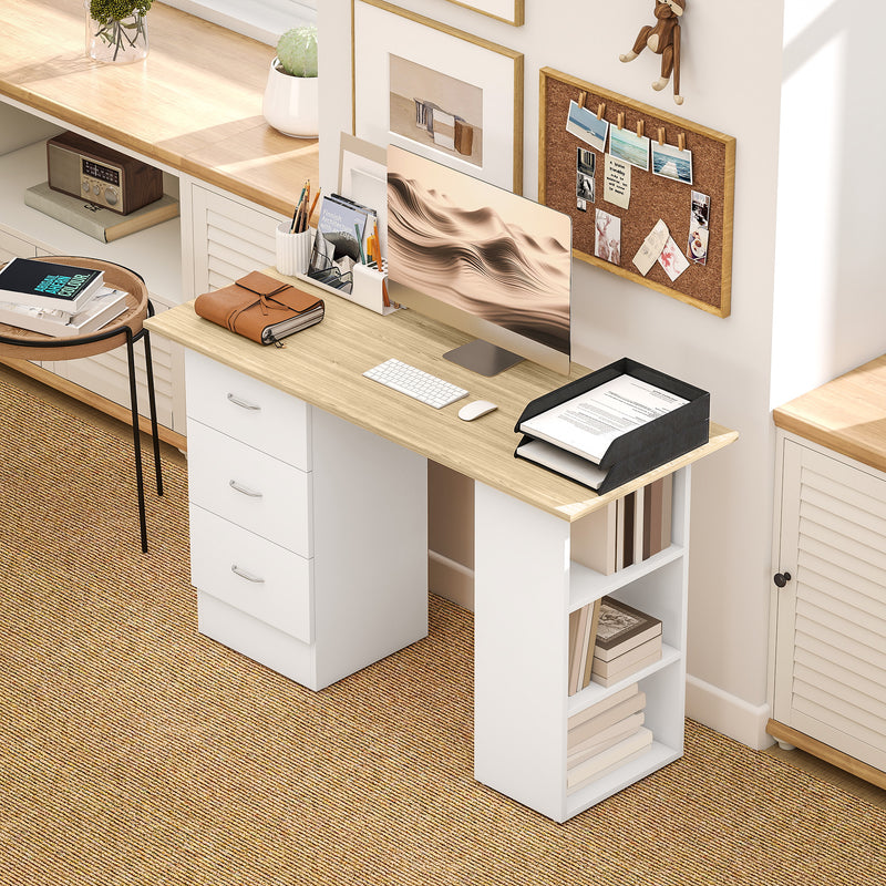 Computer Desk with 3 Storage Shelves and Drawers for Home Office Organisation, Natural Wood White