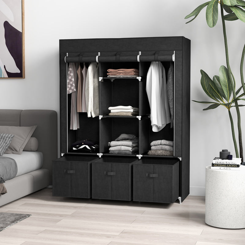 Fabric Wardrobe with Hanging Rails and Shelves for Compact Bedroom Storage Black