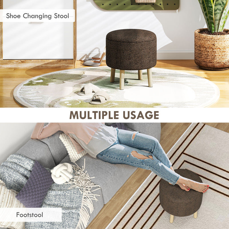 Round Ottoman Storage Stool with Padded Seat and Wood Legs for Living Room, Grey