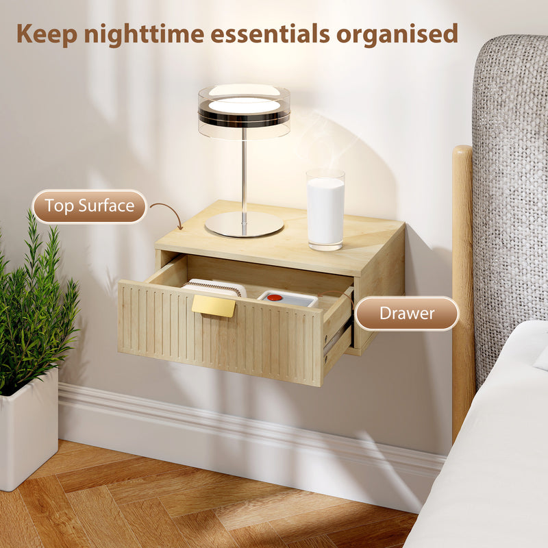 Floating Wall Mounted Bedside Table Set with Drawer for Clutter Free Storage Oak