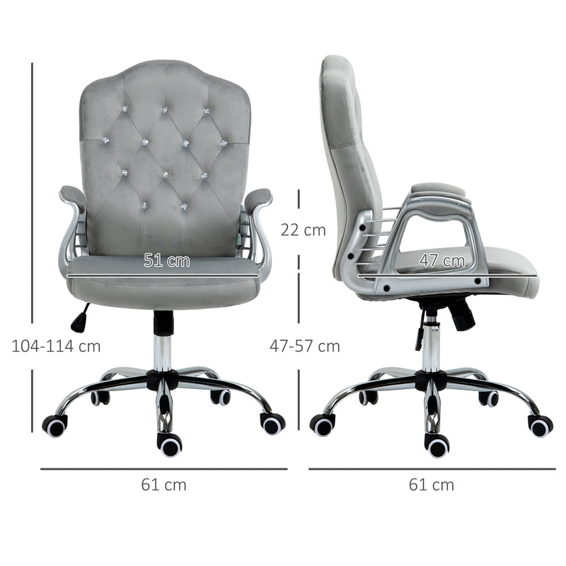 Velvet Feel Office Chair With Diamante Button Backrest For Home Or Desk Use, Grey