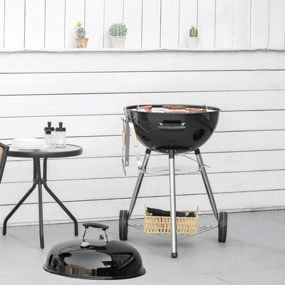 Portable Charcoal Kettle BBQ Grill in Black with Lid and Vents for Outdoor Cooking by Outsunny