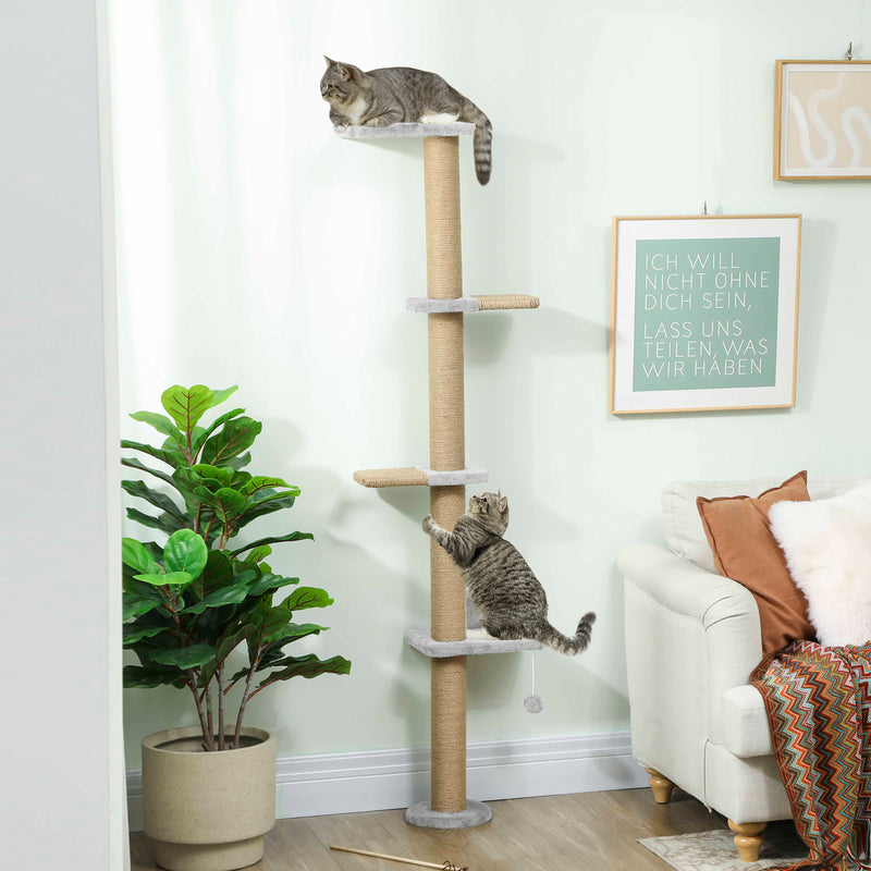 Wall Mounted Cat Climbing Shelves With Scratching Post and Toy Ball 180cm Tall For Indoor Catshi, Light Grey